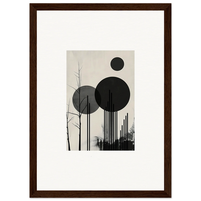 Framed black and white canvas print of geometric circles and tree branches for dropscape wandering