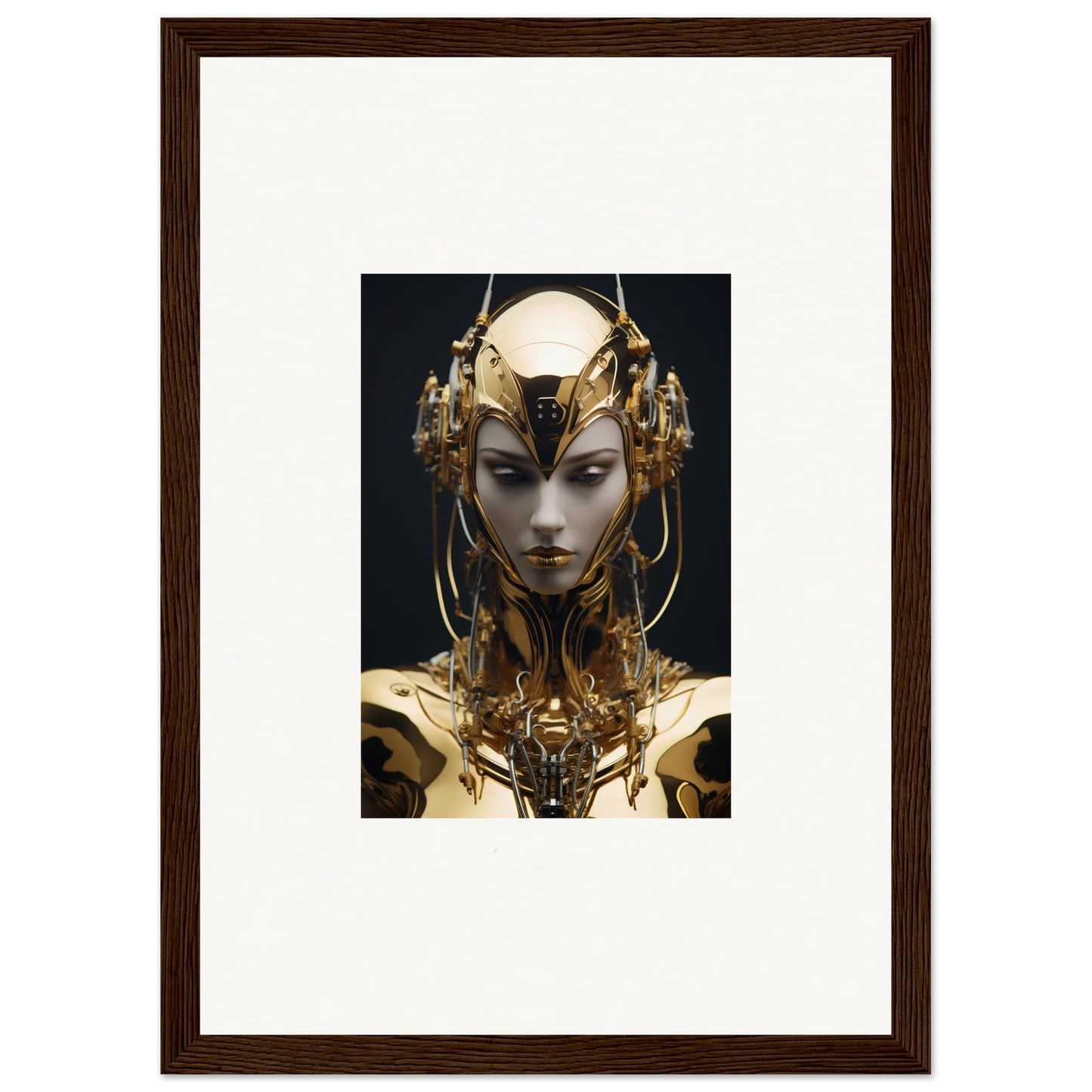 Futuristic golden robotic head ideal for room decoration, a must-have Chirping Inventrix canvas print