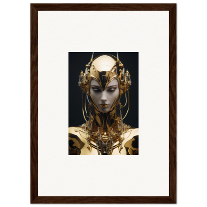 Futuristic golden robotic head ideal for room decoration, a must-have Chirping Inventrix canvas print