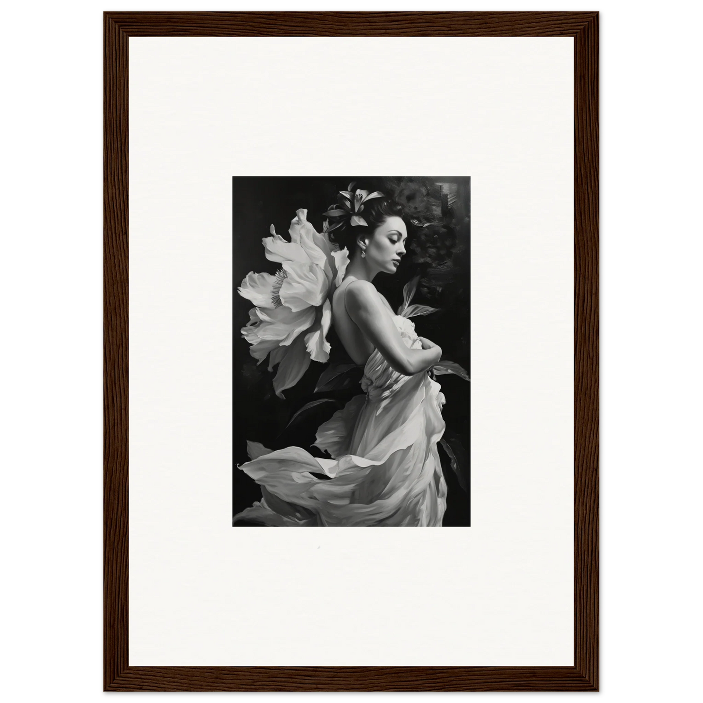 Black and white canvas print of a woman in a flowing dress for duet chrysalis room decoration