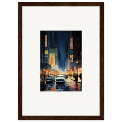 Framed wall art of a rainy city street at night, perfect for room decoration