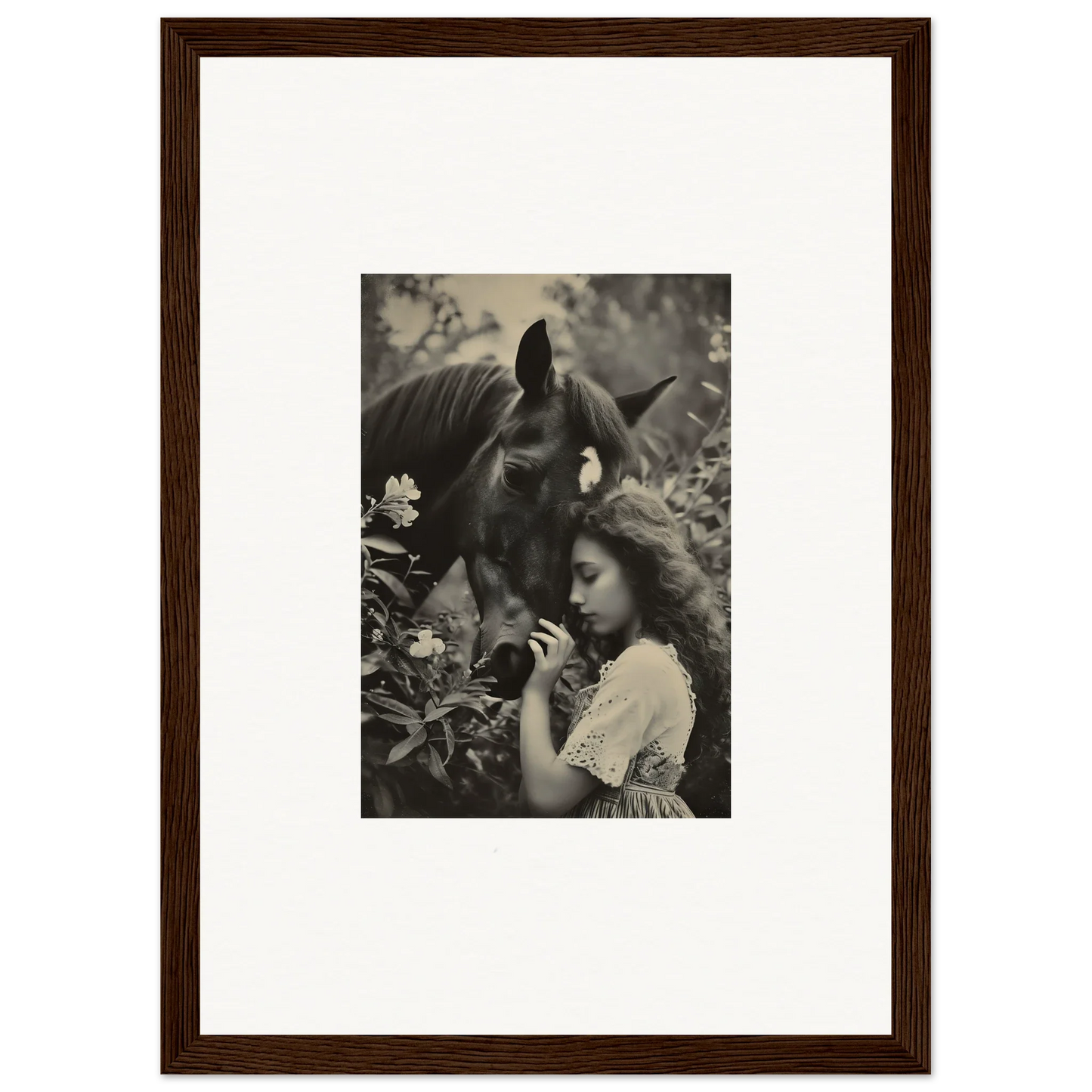 Framed black and white canvas print of a girl with a horse for unique room decoration