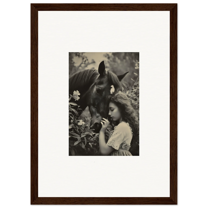 Framed black and white canvas print of a girl with a horse for unique room decoration