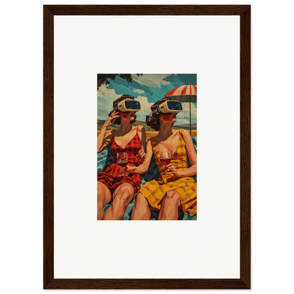 Framed vintage artwork of women in swimsuits with VR headsets at the beach for room decoration