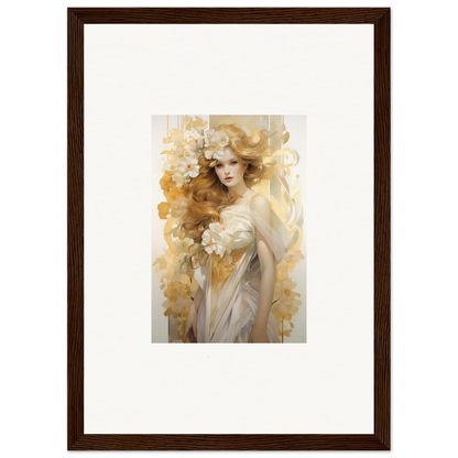 Framed wall art of an ethereal woman with flowers, perfect for room decor or Flora Serenade