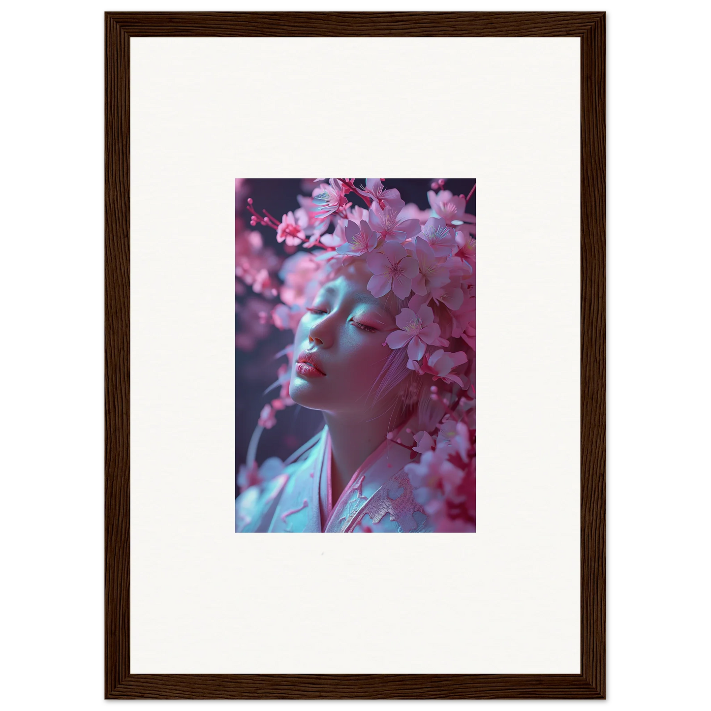 Framed photograph of a person amidst pink cherry blossoms for Sakura Dreams room decoration