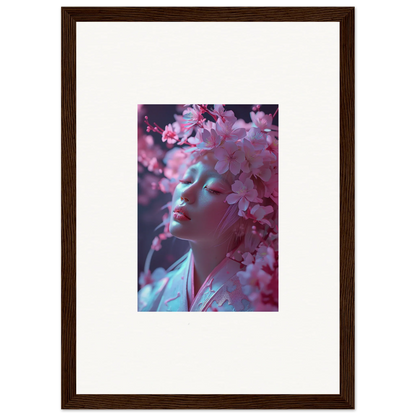 Framed photograph of a person amidst pink cherry blossoms for Sakura Dreams room decoration