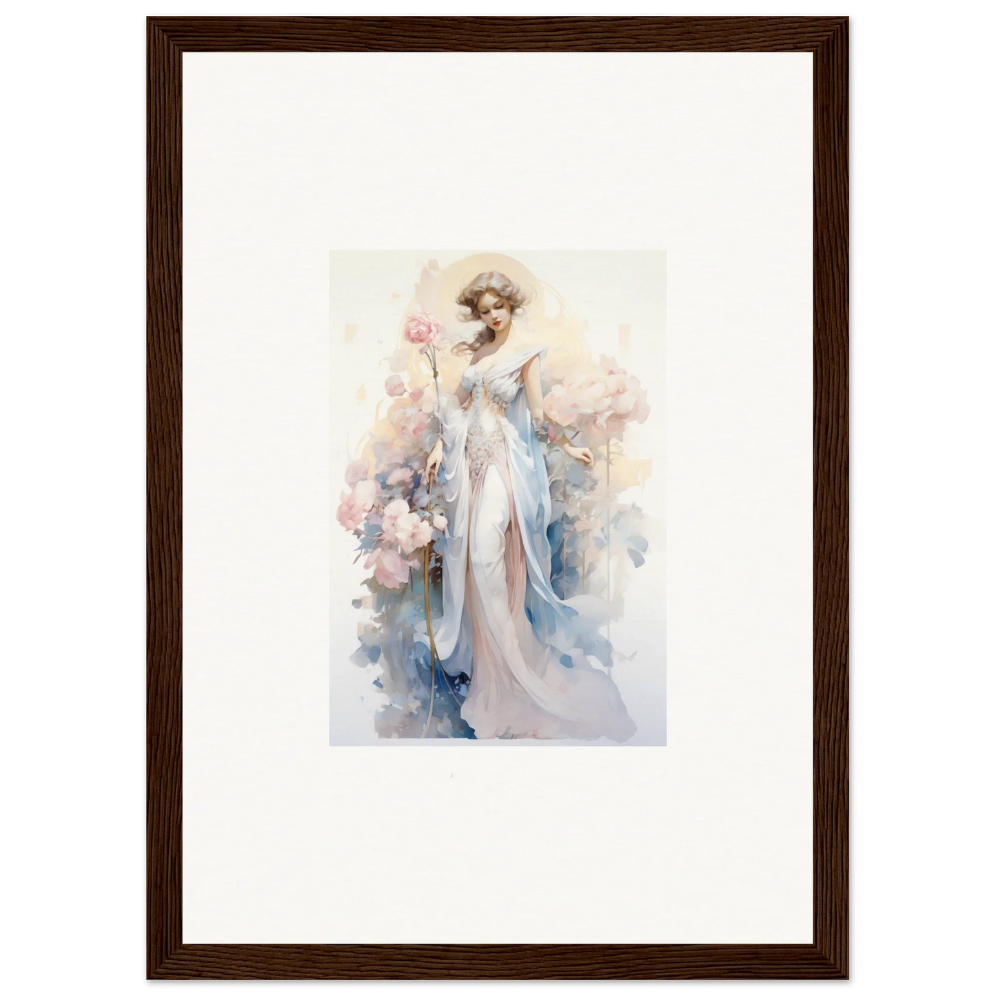 Watercolor of an elegant woman in blue gown with pink flower, perfect for a blossom serenade canvas print