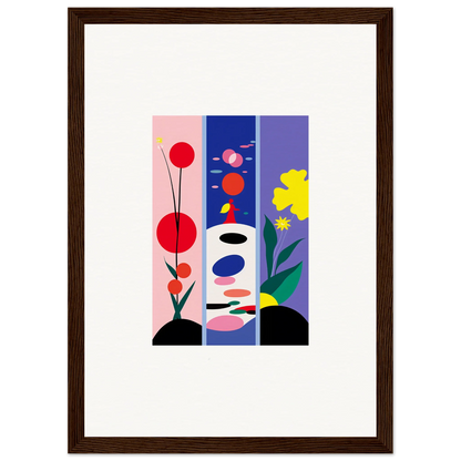 Framed canvas print of colorful geometric shapes and floral elements for room decoration