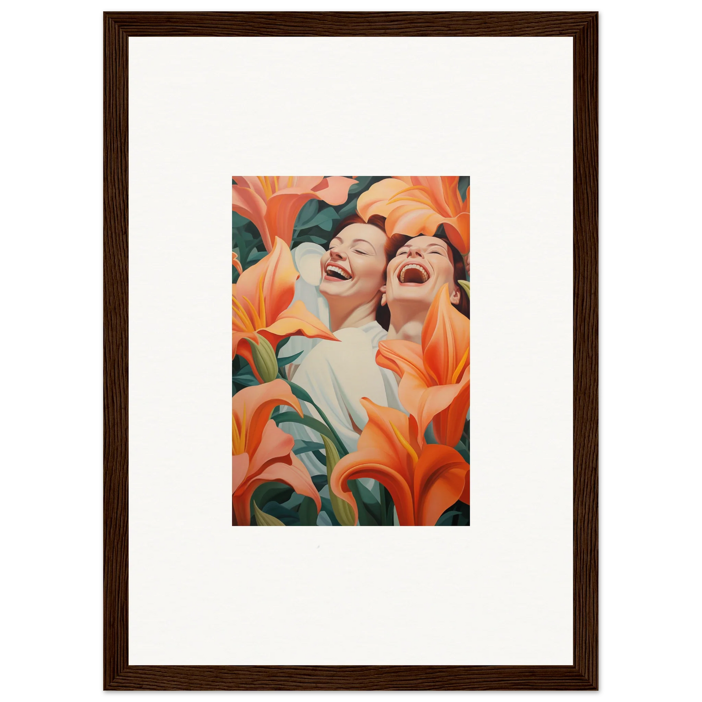 Framed wall art of two laughing figures with orange lilies for vibrant room decoration