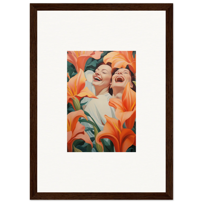 Framed wall art of two laughing figures with orange lilies for vibrant room decoration