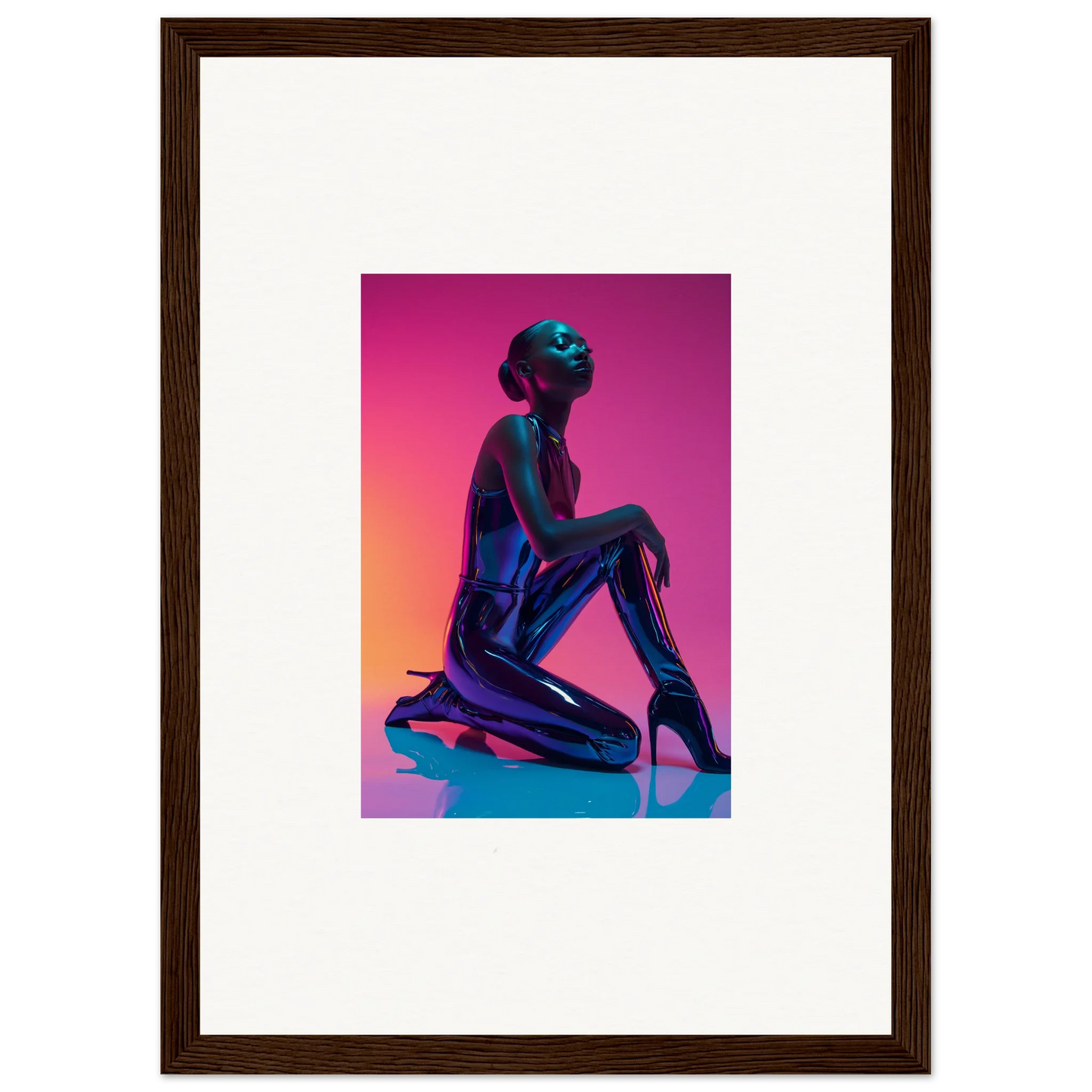 Silhouette of a kneeling figure in shiny metal on a neon vortex gradient canvas print