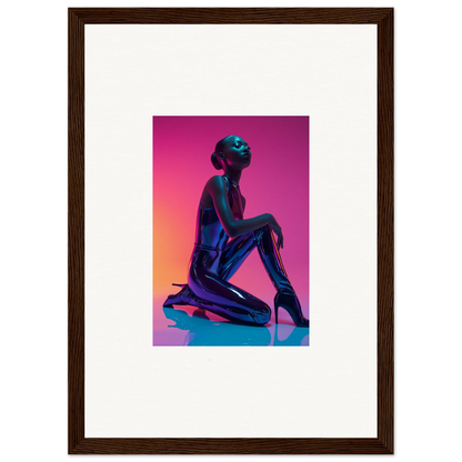 Silhouette of a kneeling figure in shiny metal on a neon vortex gradient canvas print