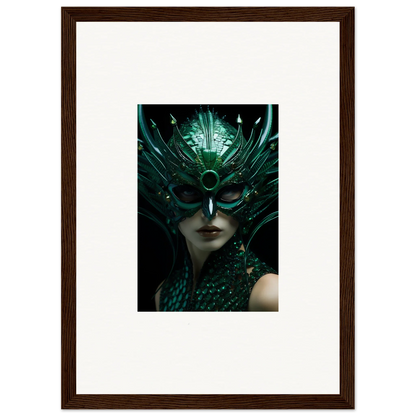 Ornate green mask with feathers for Enigma Enunciations canvas print room decoration