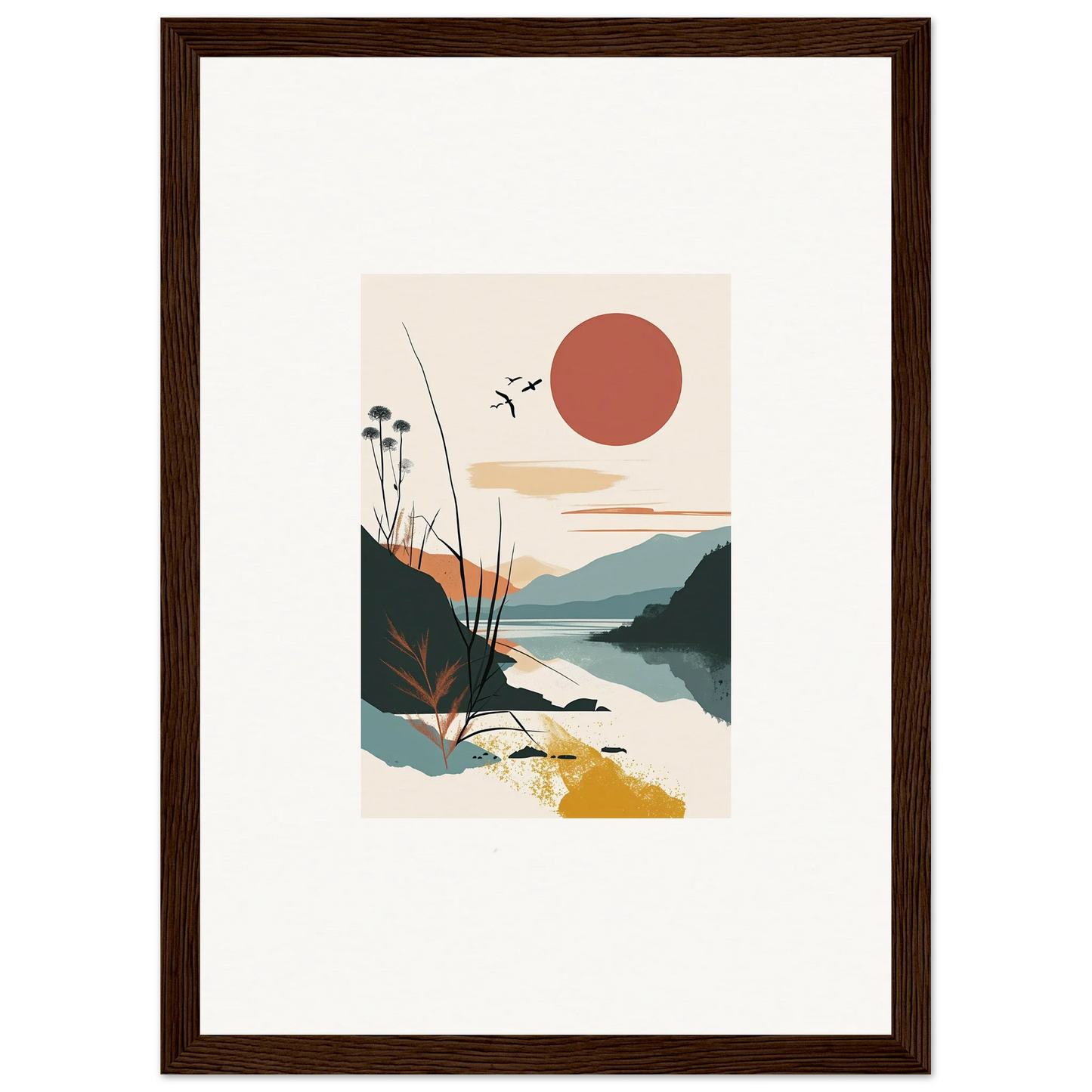 Framed minimalist canvas print of sunrise unfurled over mountains and water for cool room decoration