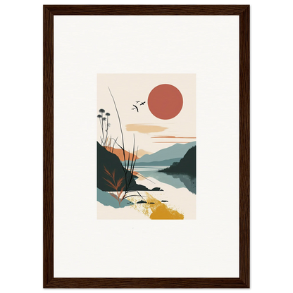 Framed minimalist canvas print of sunrise unfurled over mountains and water for cool room decoration