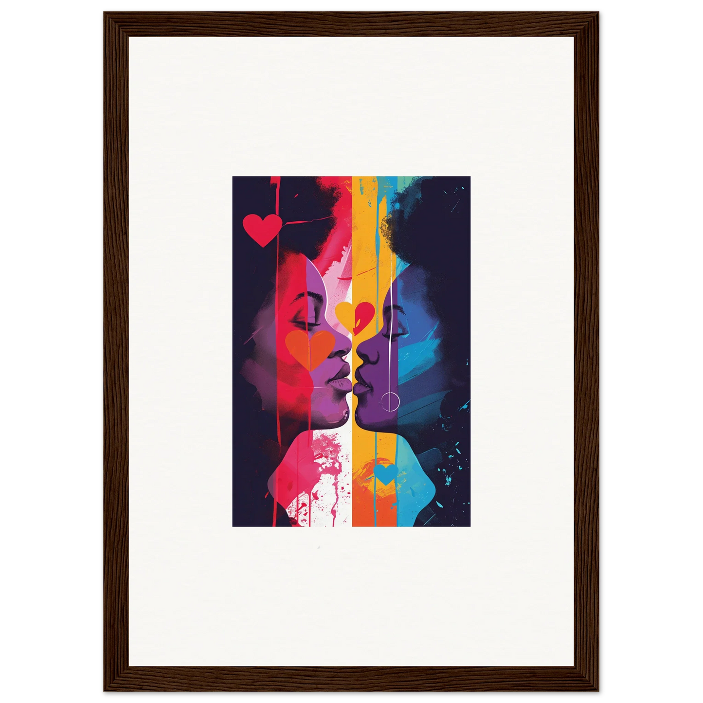 Framed canvas print of Luminous Heartwave Reflection with colorful silhouettes kissing