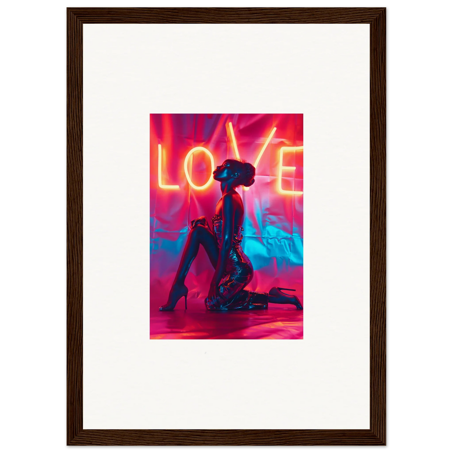 Kneeling silhouette with a neon LOVE sign, perfect for room decoration or wall art