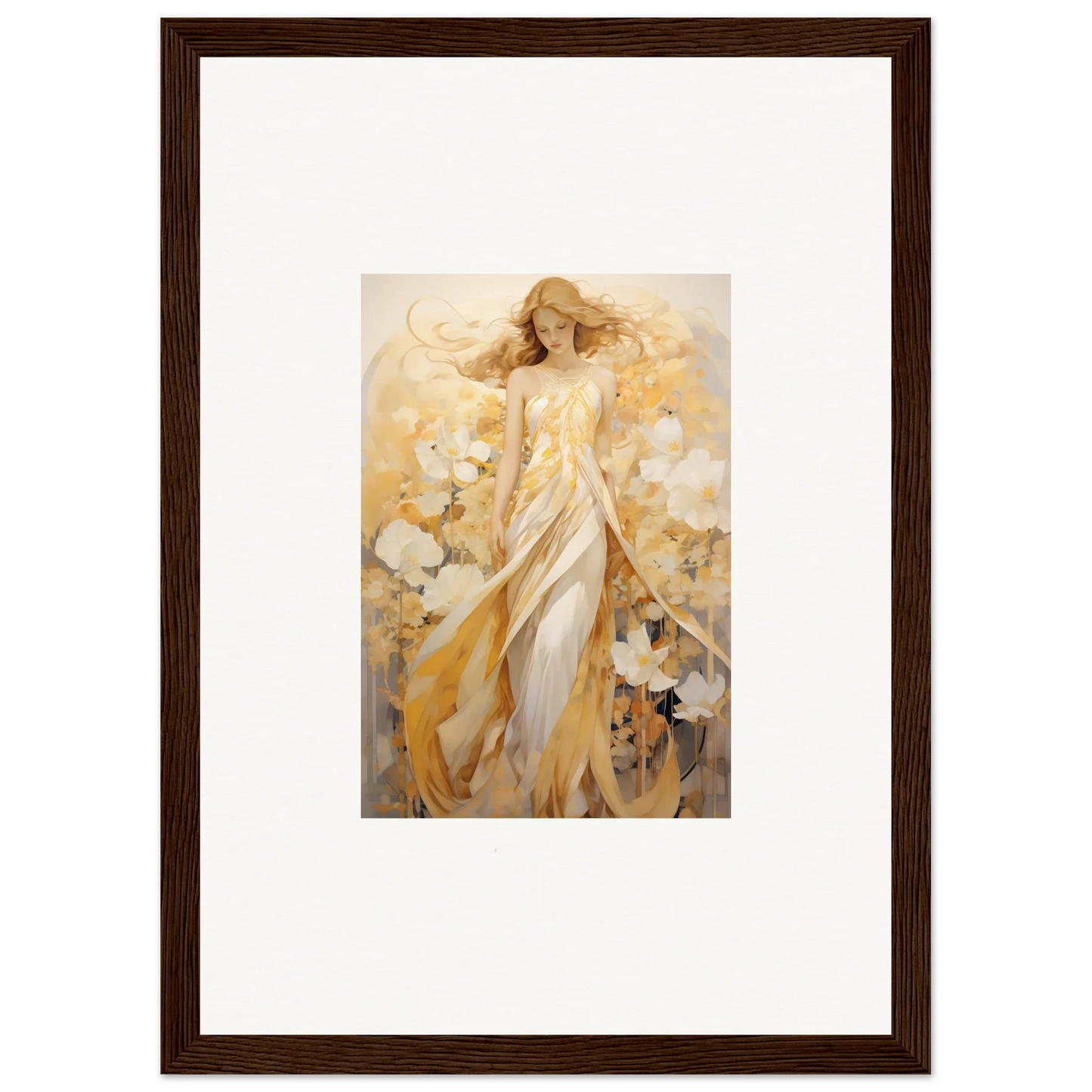 Painting of a woman in a golden dress with flowers for room decoration canvas print