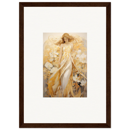 Painting of a woman in a golden dress with flowers for room decoration canvas print