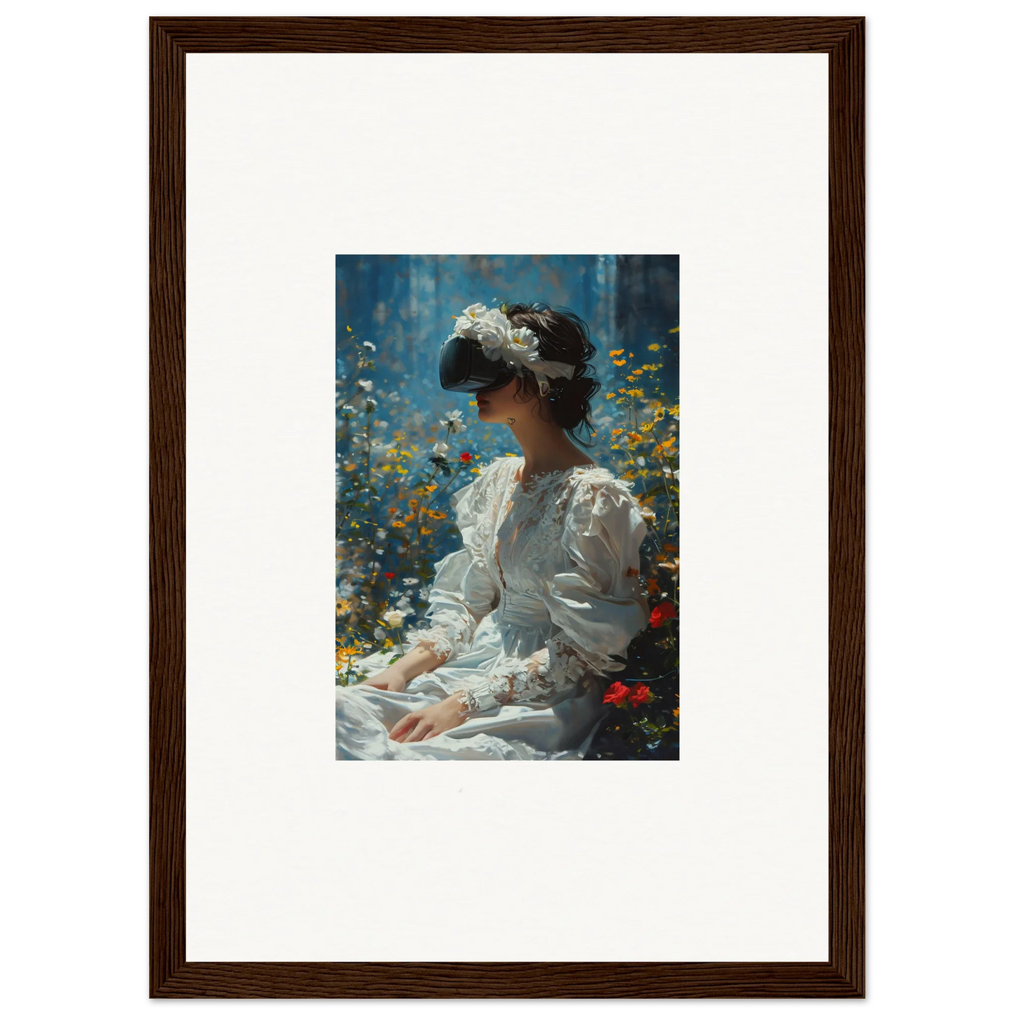 Framed canvas print of a woman in a white dress among flowers for bloom reverie room decoration