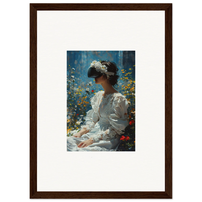 Framed canvas print of a woman in a white dress among flowers for bloom reverie room decoration