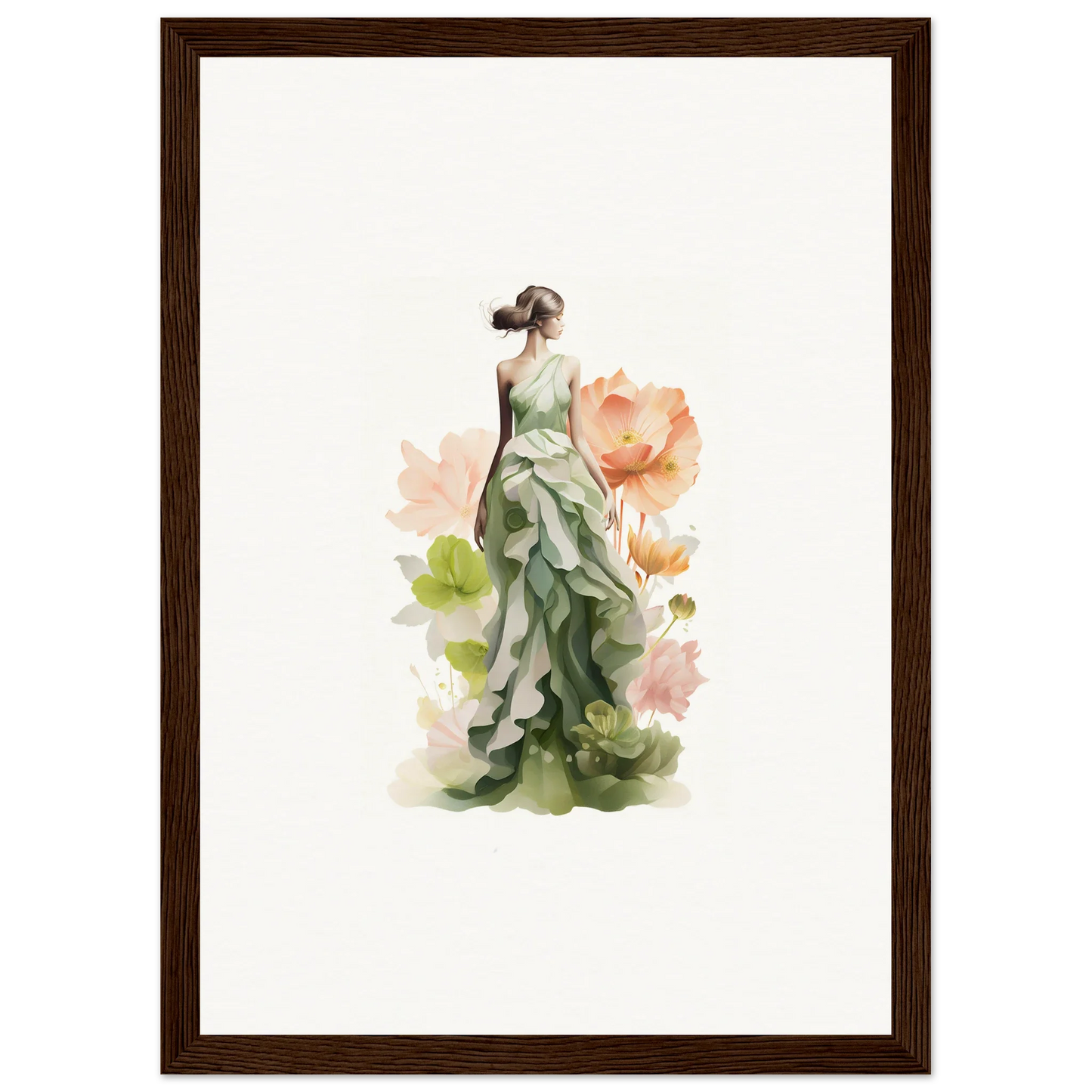 Watercolor painting of a woman in a green dress, perfect for a Spring Symphony canvas print