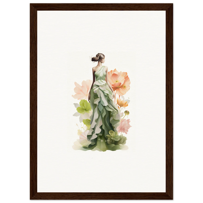 Watercolor painting of a woman in a green dress, perfect for a Spring Symphony canvas print