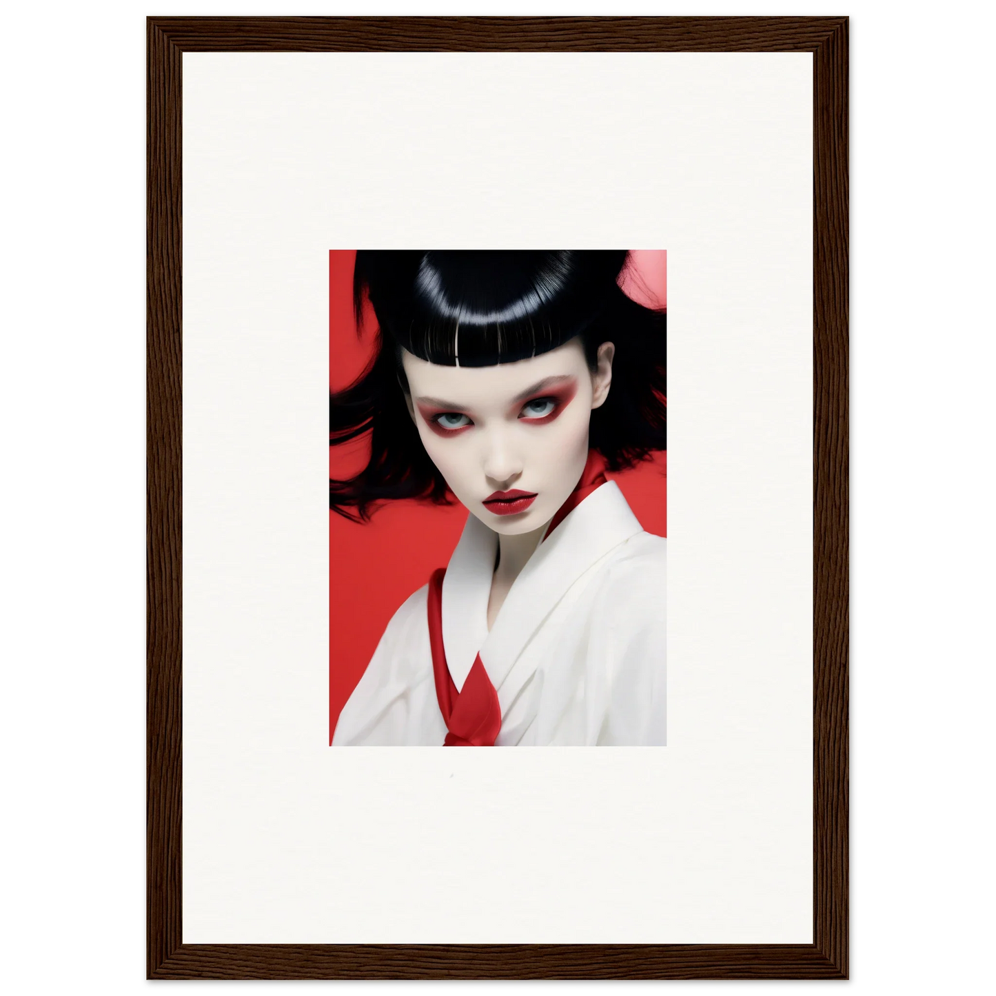 Framed canvas print of a woman with geisha makeup, perfect for cherry dream room decoration