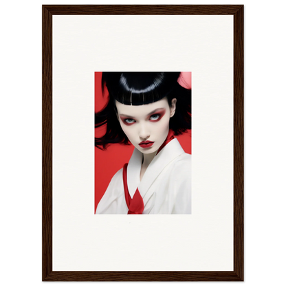 Framed canvas print of a woman with geisha makeup, perfect for cherry dream room decoration