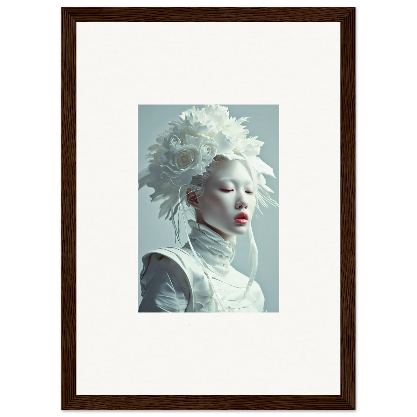 Pale-skinned person in white feathered headdress, perfect for Petal Visions canvas print