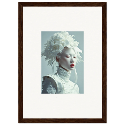 Pale-skinned person in white feathered headdress, perfect for Petal Visions canvas print