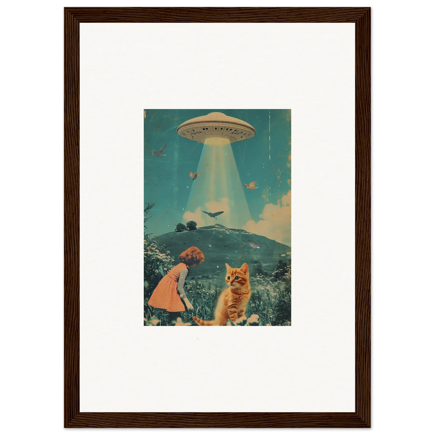 Framed retro canvas print of UFO in surreal landscape for unique room decoration