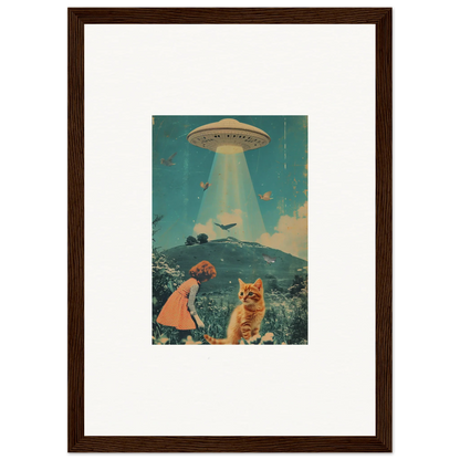 Framed retro canvas print of UFO in surreal landscape for unique room decoration