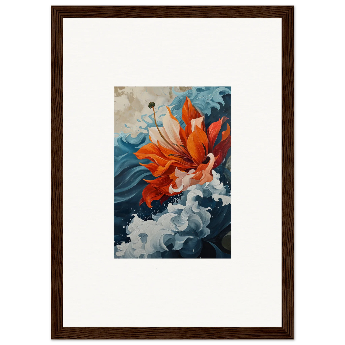 Vibrant orange koi fish swim in swirling blue waves on a Petal Odyssey canvas print