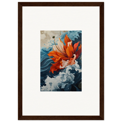 Vibrant orange koi fish swim in swirling blue waves on a Petal Odyssey canvas print