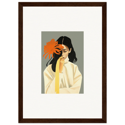 Framed canvas print of a woman with dark hair holding an orange flower for dreams eternity room decoration