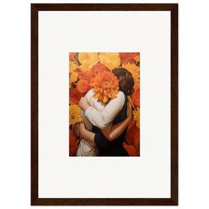 Framed canvas print of a floral euphoria embrace with two figures and an orange flower