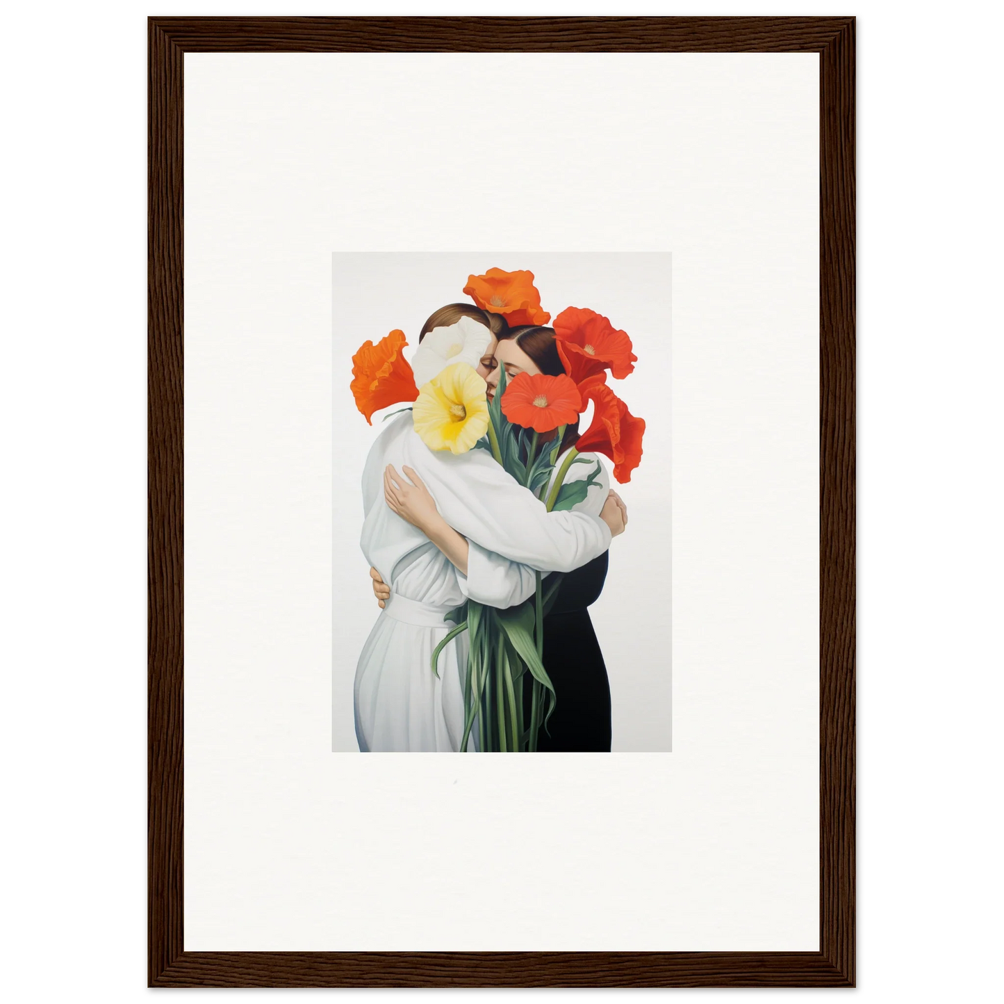 Framed canvas print of a figure in a Floral Vortex Embrace with vibrant poppies