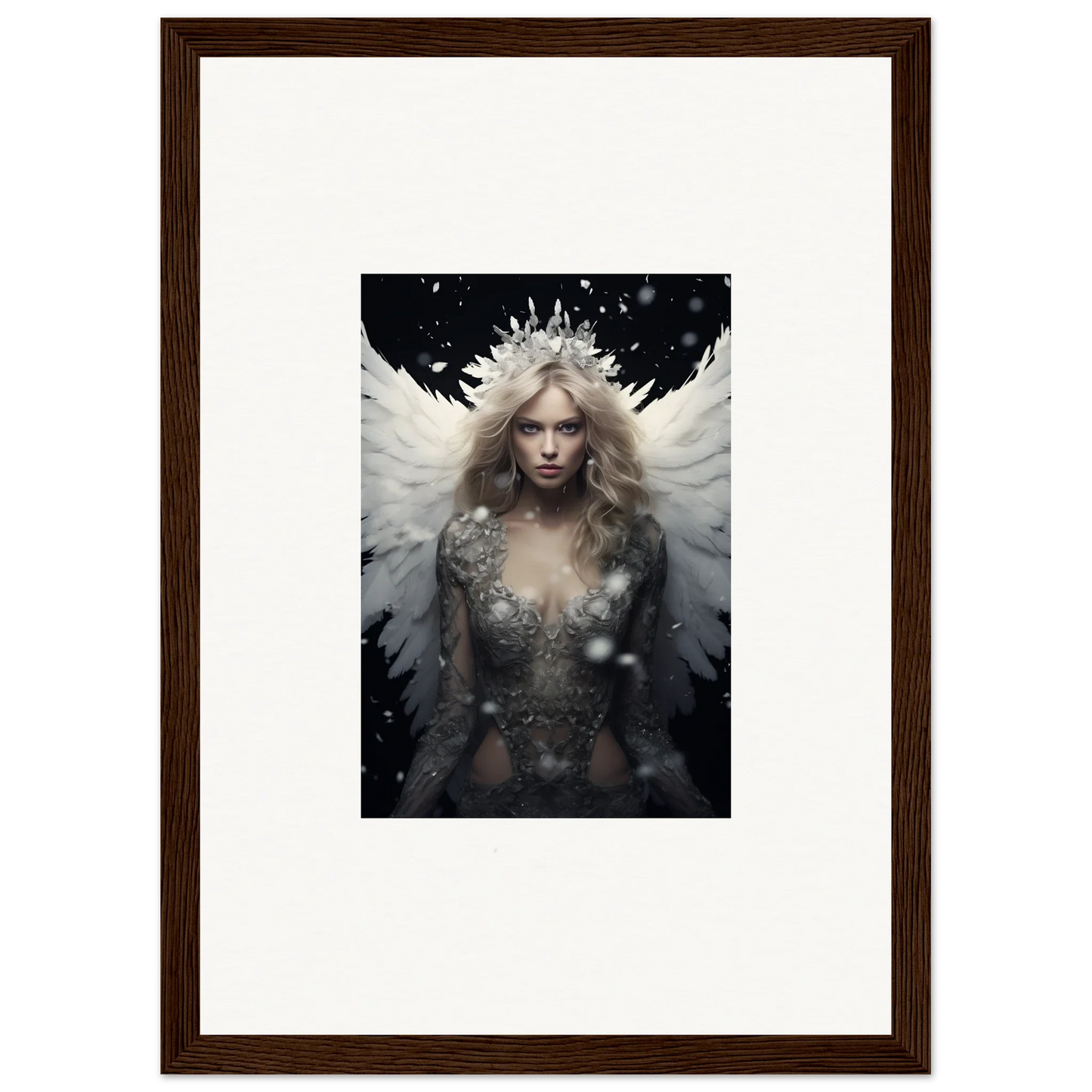 Framed canvas print of a feathery specter with a crown for stylish room decoration