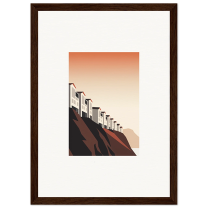 Framed minimalist wall art of stylized chimneys on a sloped roof for unique room decoration