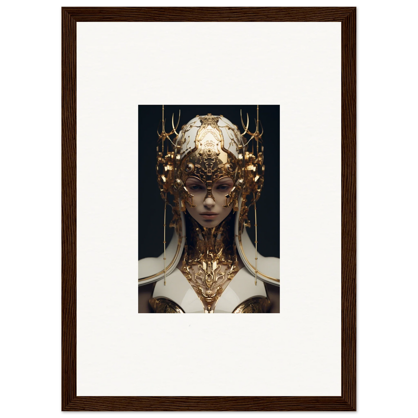 Ornate golden headdress and neck piece on an ethereal sovereign for stunning room decoration