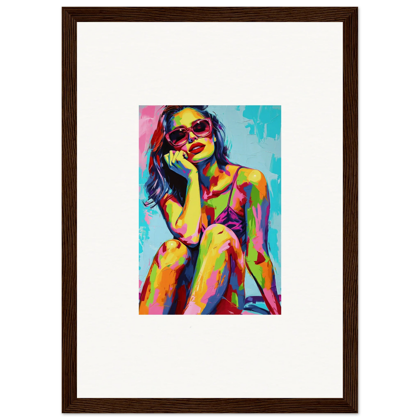 Colorful abstract portrait of a woman in sunglasses, perfect for mindscape reverie room decoration