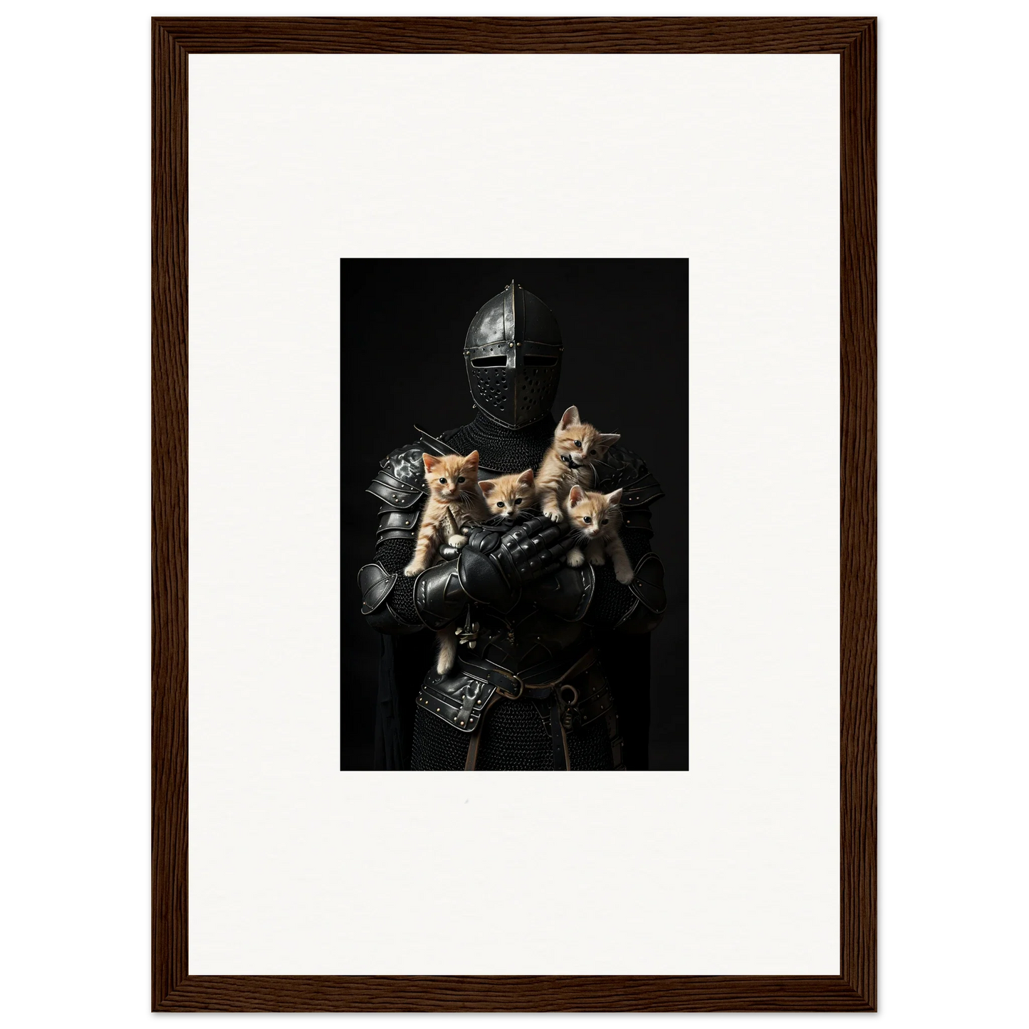 Medieval knight in armor with three kittens, perfect for a Feline Bashhut canvas print