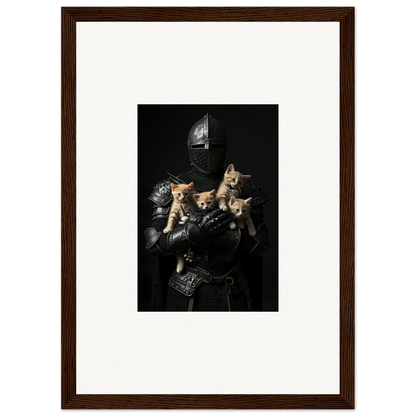 Medieval knight in armor with three kittens, perfect for a Feline Bashhut canvas print