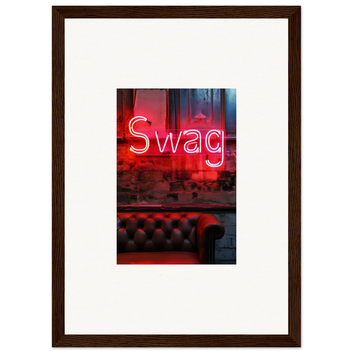 Neon red Swag sign glowing above stylish leather adds flair to room decoration