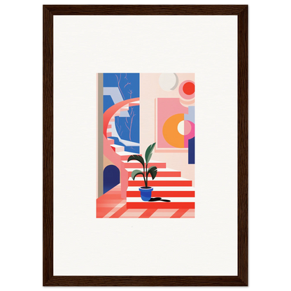 Framed abstract geometric canvas print with a potted plant for cool quantum gardens room decoration