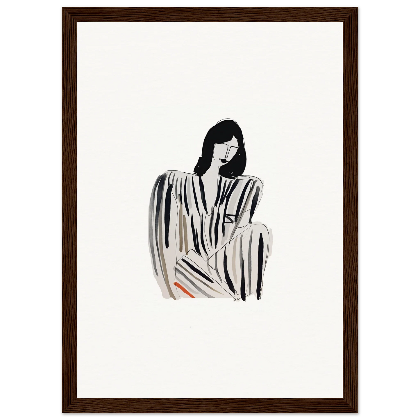 Minimalist black and white illustration of a woman in a Striped Whispers Formals dress