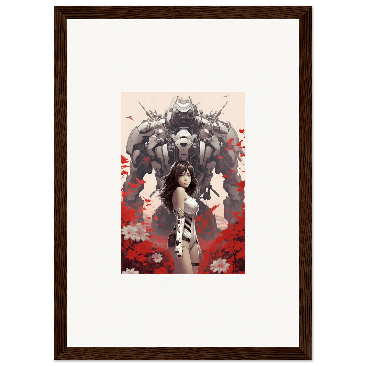 Framed artwork of a woman and a robot with red flowers for unique poppy lucidity room decoration