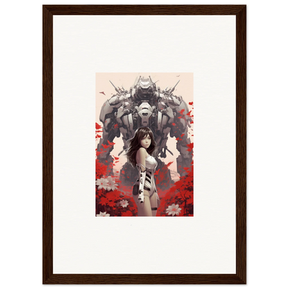 Framed artwork of a woman and a robot with red flowers for unique poppy lucidity room decoration